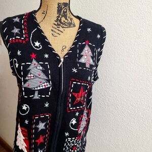 Holiday Black Vest with Festive Tree Patterns